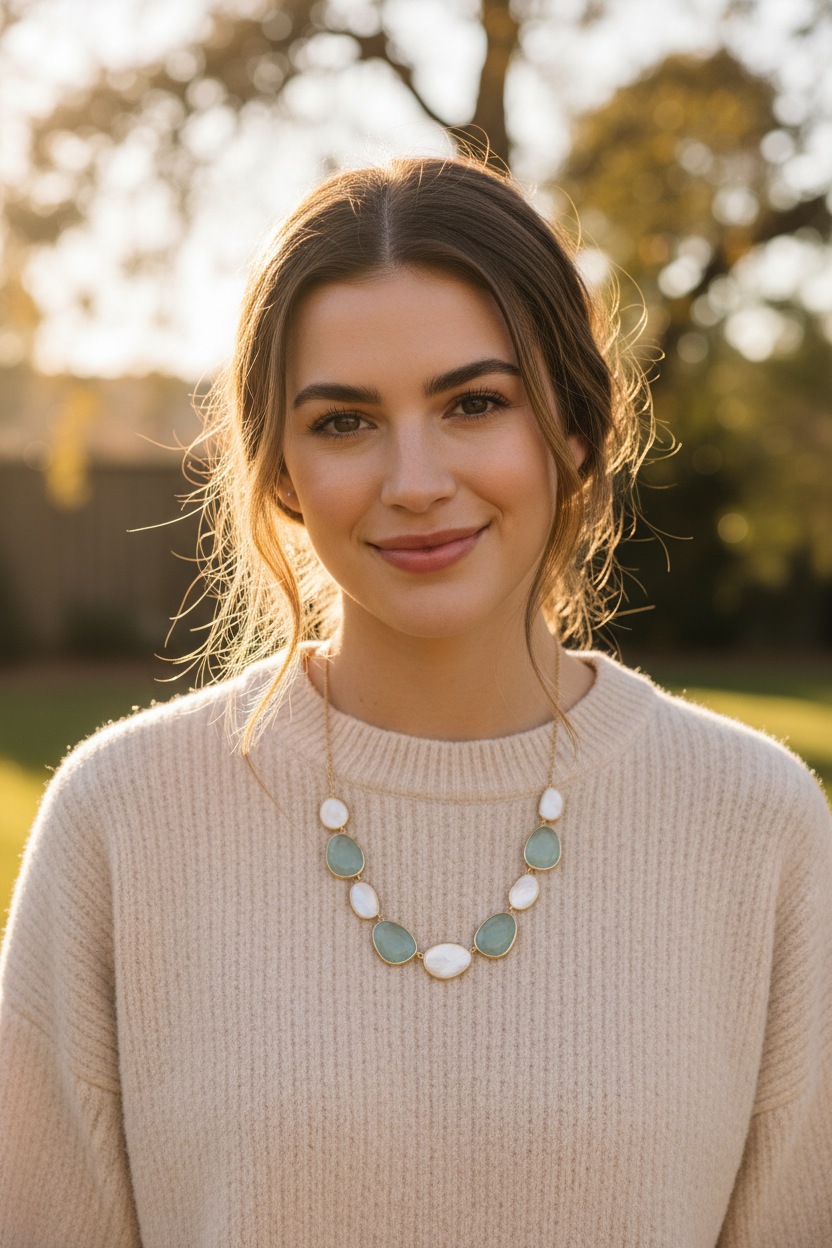 14 Karat Gold Plated Sterling Silver Necklace with Rainbow Moonstone, Green Chalcedony, 16 Inch Chain, Bezel Set Oval Stones