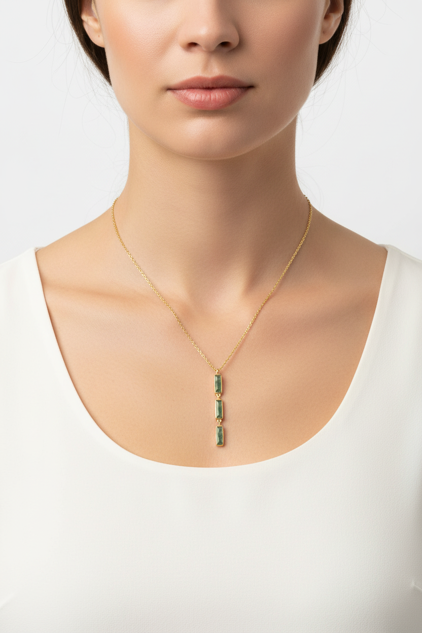 Moss Agate Drop Necklace 14K Gold Plated 925 Silver Baguette 18+2