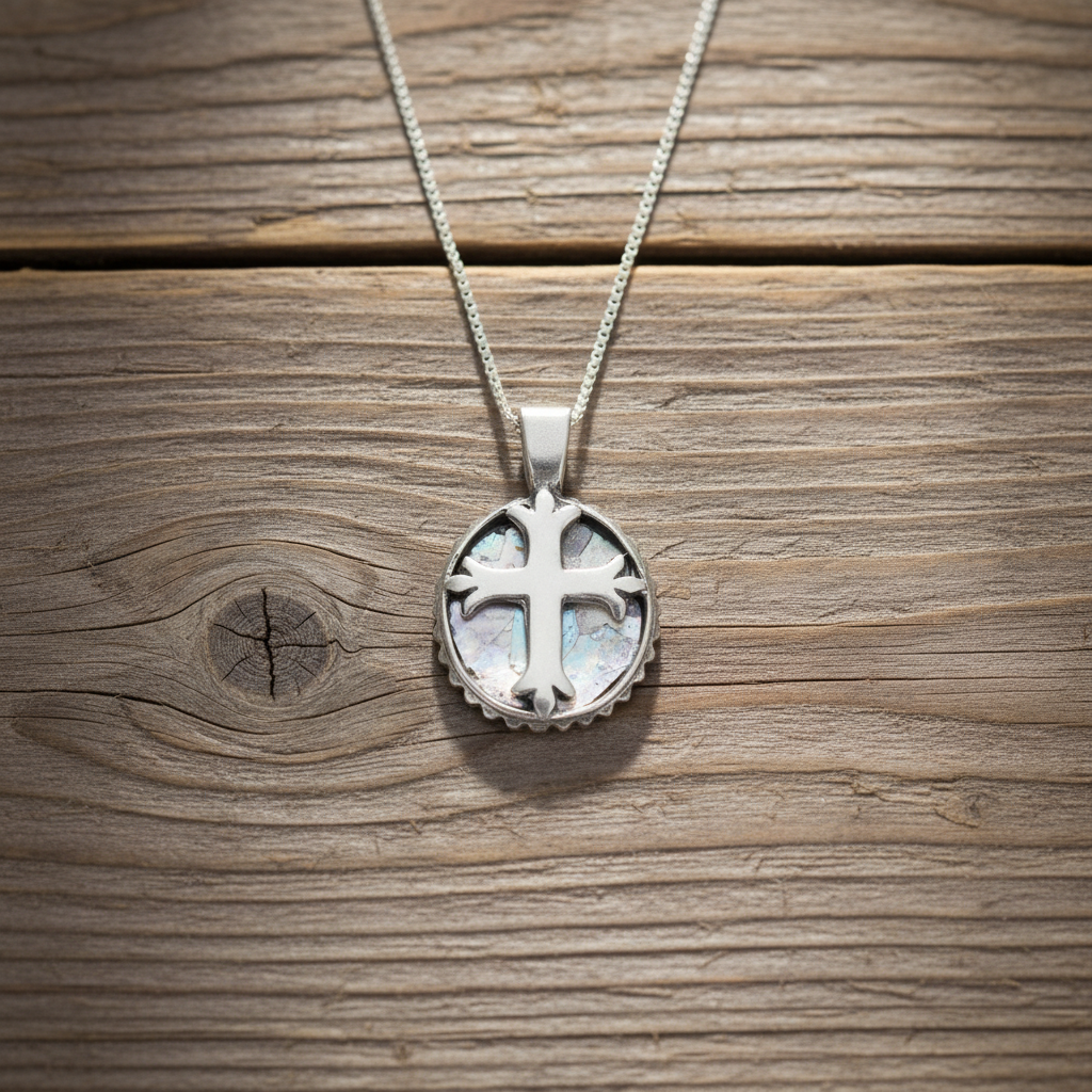 Roman Glass Cross Necklace - Sterling Silver Ancient Glass Pendant