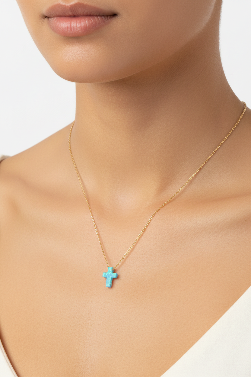 Opal Cross Necklace 14K Gold Plated 925 Silver Blue Synthetic 9mm 16+2