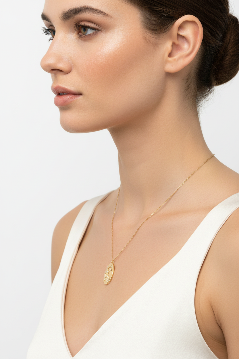 Aquarius Zodiac Constellation Oval Coin Necklace, 16 Inch Chain with 2 Inch Extender, Celestial Astrology Jewelry