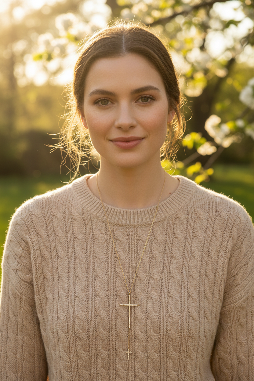 14 Karat Gold Plated Sterling Silver Necklace with Double CZ Cross Drop, 24 Inch Chain, Lobster Clasp