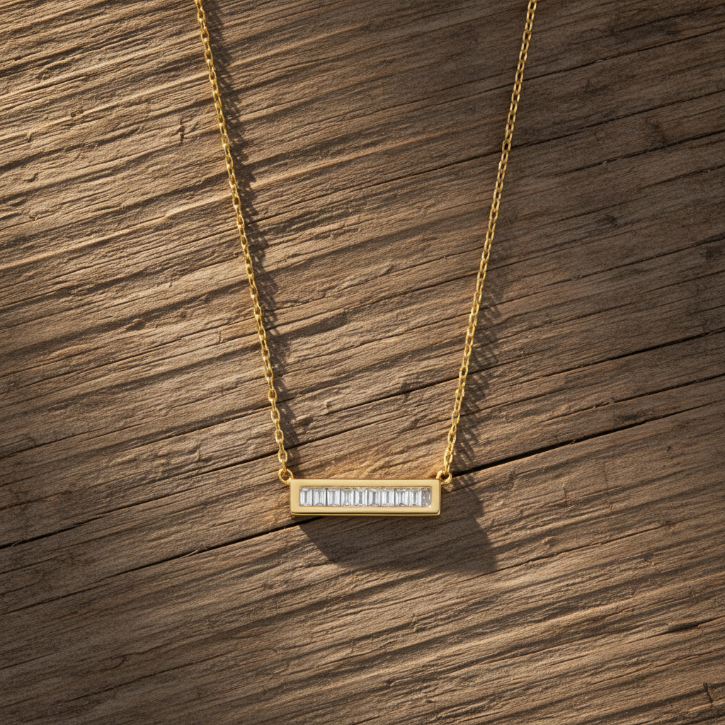 14 Karat Gold Plated Sterling Silver Bar Necklace, 16 Inch Cable Chain with 2 Inch Extension, CZ Pendant, Lobster Clasp