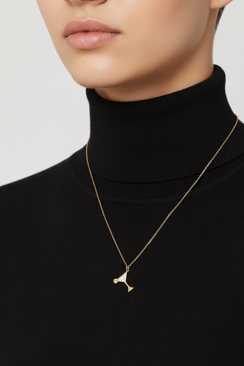 14 Karat Gold Plated Sterling Silver Martini Glass Charm Necklace with CZ, 16 Inch Cable Chain, Cocktail Pendant