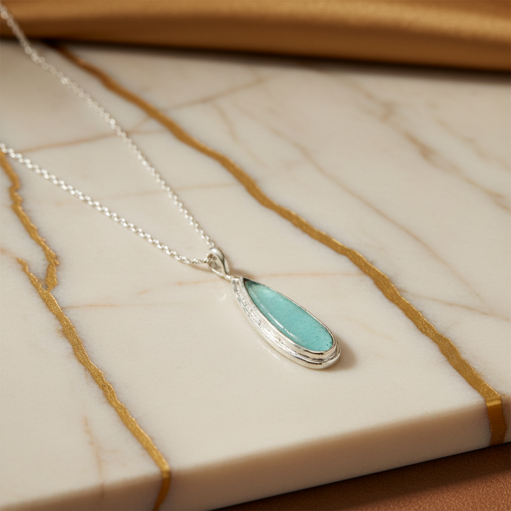 Ancient Roman Glass Pear Drop Necklace 925 Sterling Silver 11.5x45mm 18 Inch