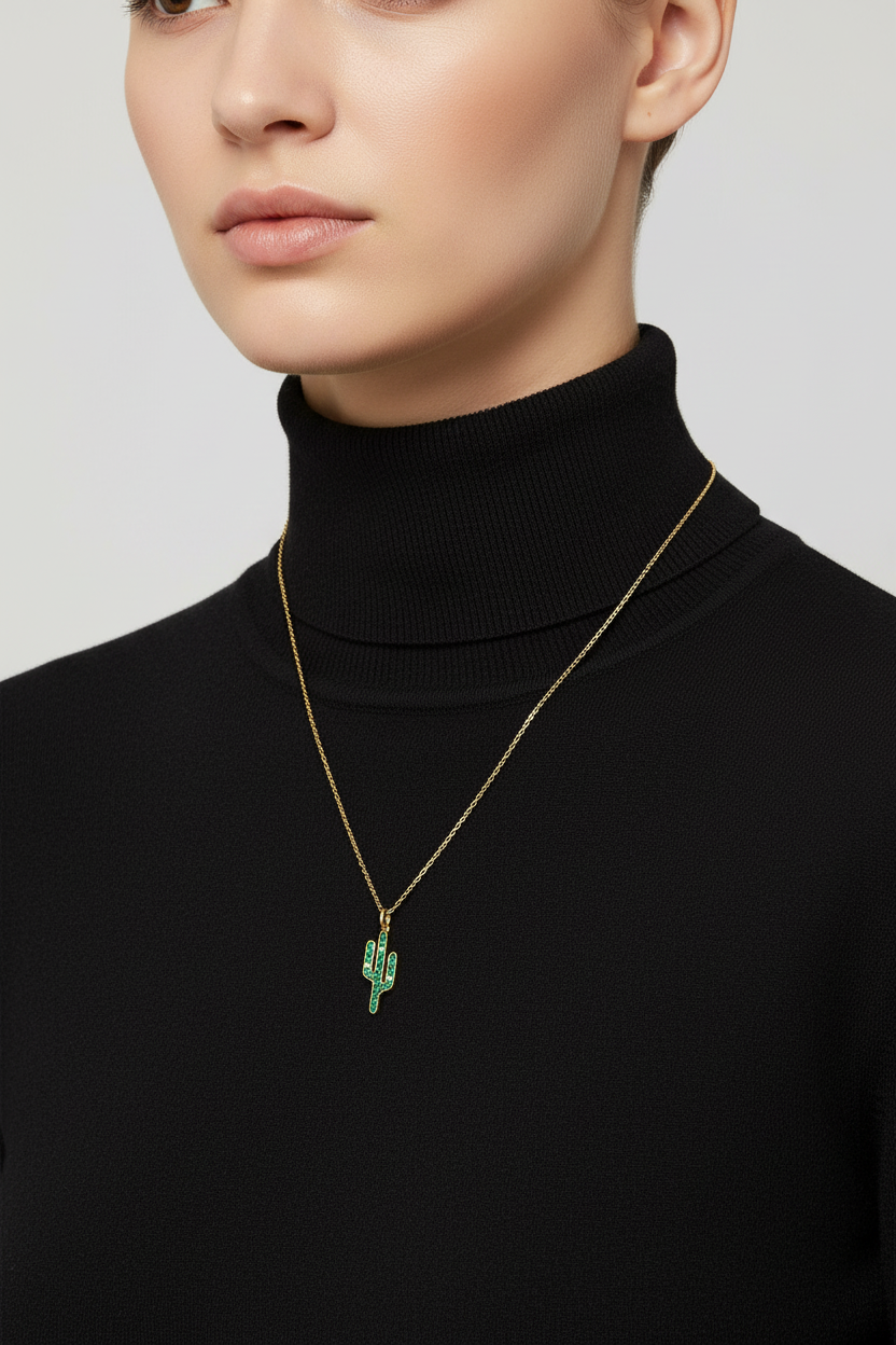 14 Karat Gold Plated Sterling Silver Saguaro Cactus Charm Necklace, Green and White CZ Flowers, 16 Inch Chain with 2 Inch Extension