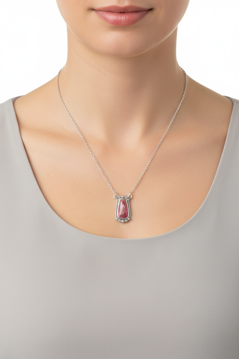 Pink Spiny Oyster Necklace Oxidized 925 Silver 14mm Rope Bead 18+2