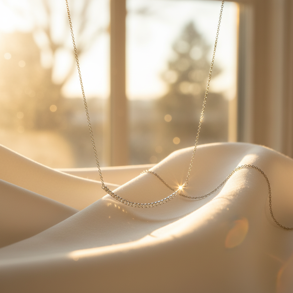 Sterling Silver Curved CZ Bar Necklace, Rhodium Plated, 18 Inch with 2 Inch Extension, Lobster Clasp