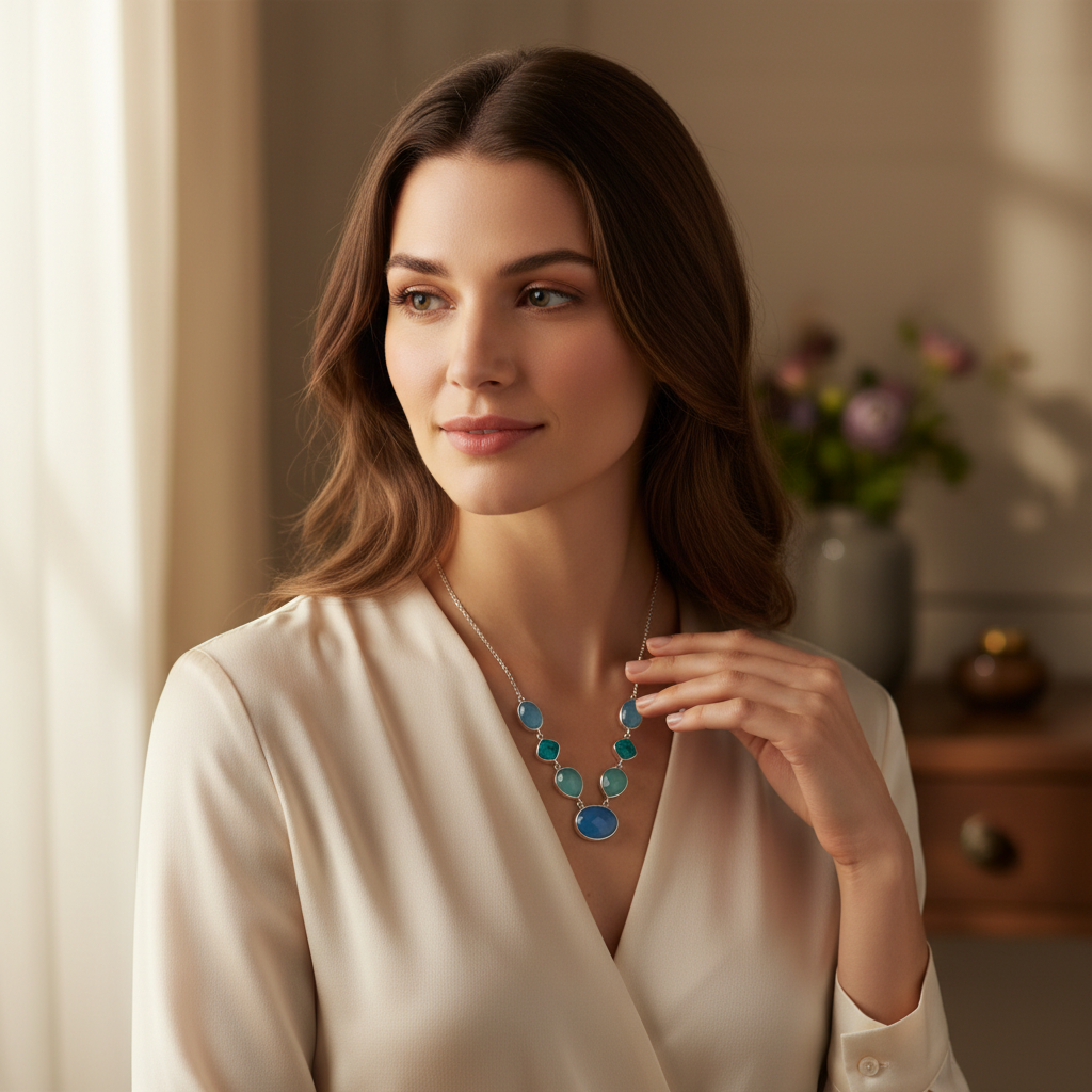 Multi-Stone Necklace - Sterling Silver Turquoise and Chalcedony Statement