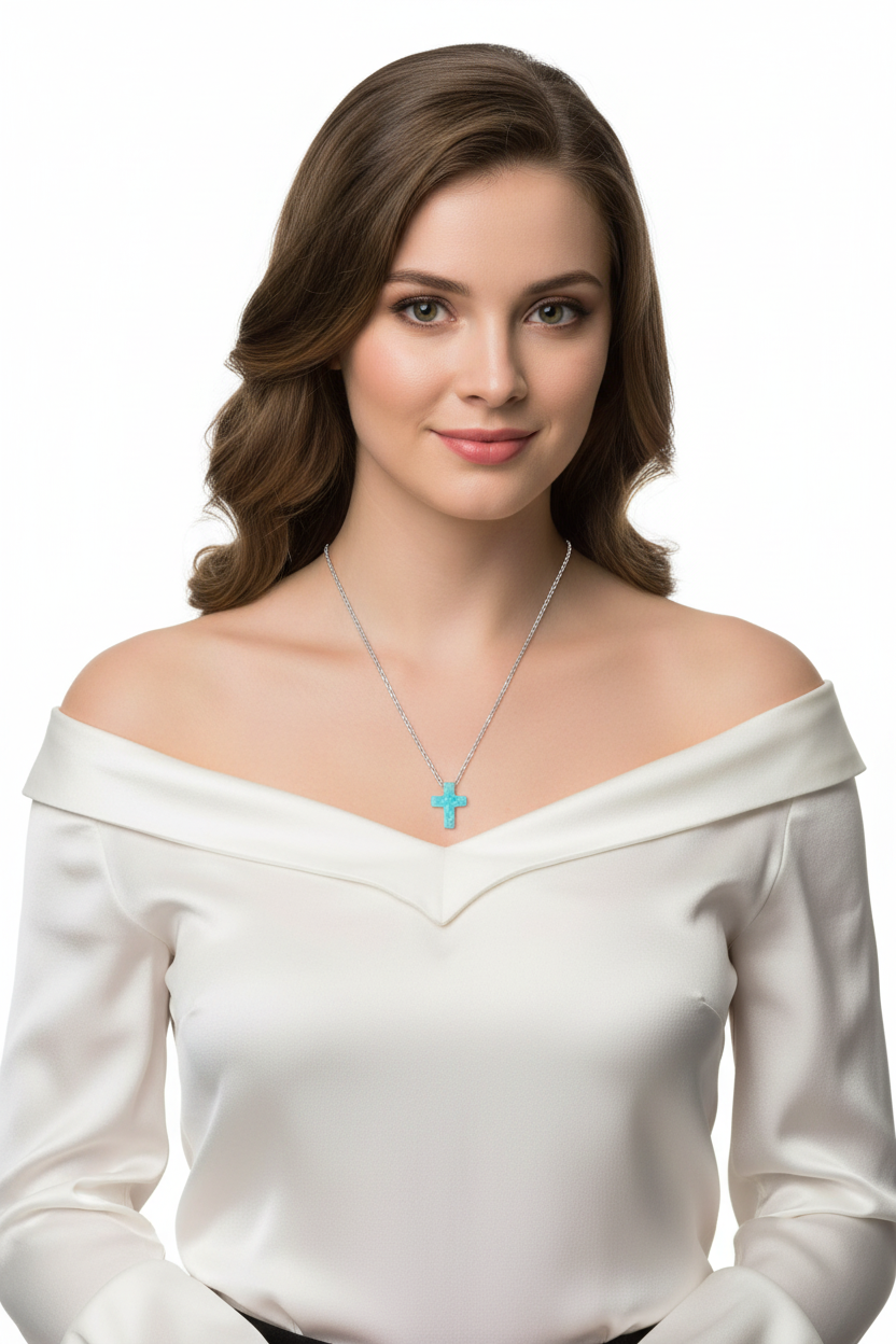Opal Cross Necklace Rhodium 925 Sterling Silver Blue Synthetic 9mm 16+2