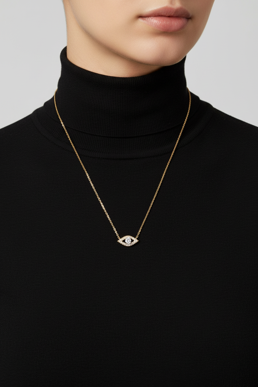 14 Karat Gold Plated Sterling Silver Evil Eye Pendant Necklace with CZ Accents, 16 Inch Chain with 2 Inch Extension