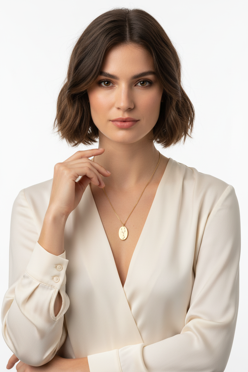 Taurus Zodiac Constellation Oval Coin Necklace, 16 Inch Chain with 2 Inch Extender