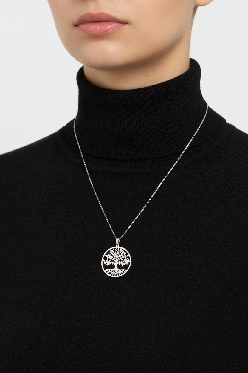 Tree of Life Necklace Rhodium 925 Sterling Silver 35mm Made in Italy 16+2