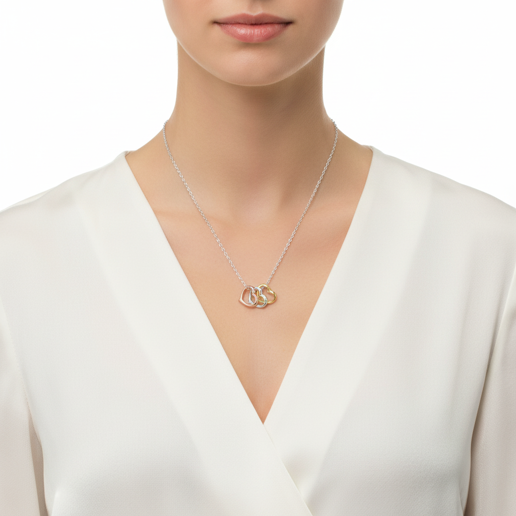 Tri Tone Heart Necklace Yellow Rose Gold Plated 925 Sterling Silver 9mm 15.75+2"