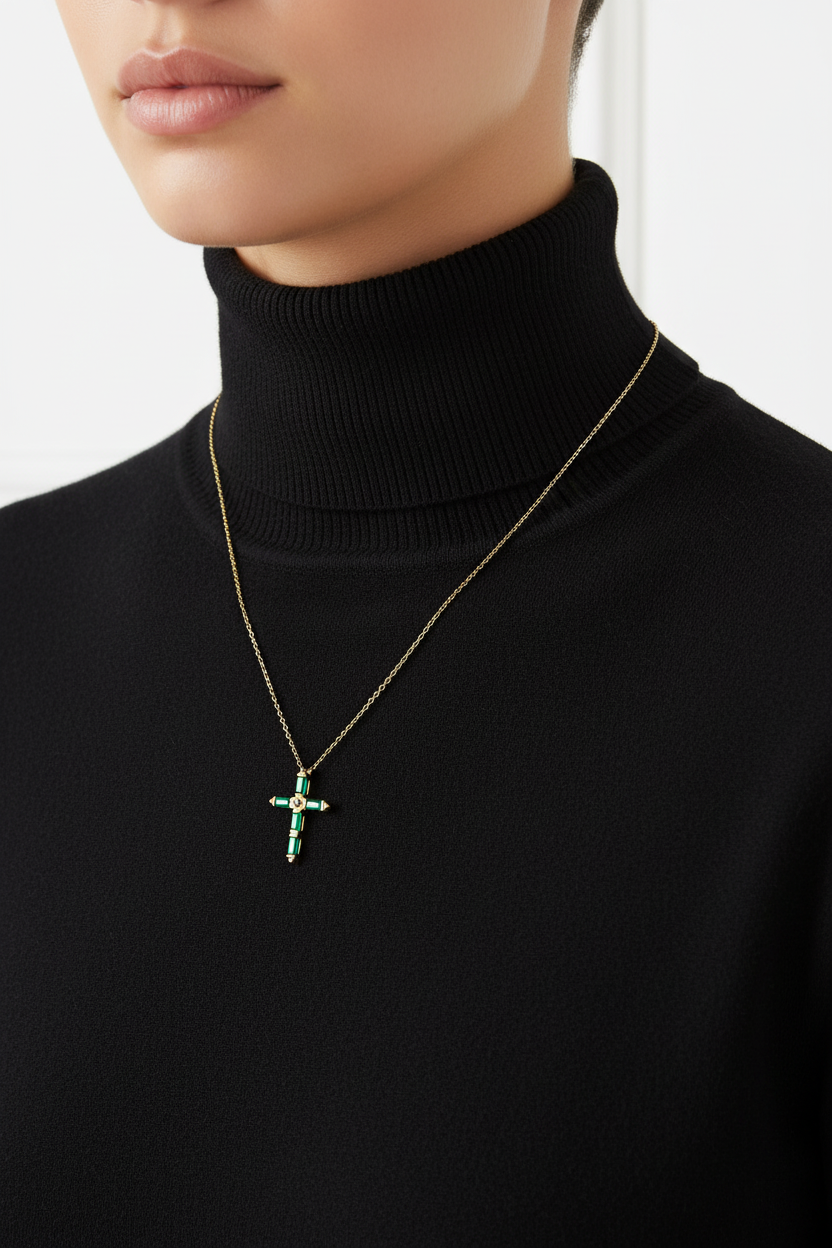Green CZ Baguette Cross Necklace 14K Gold Plated 925 Silver 20mm 16+2