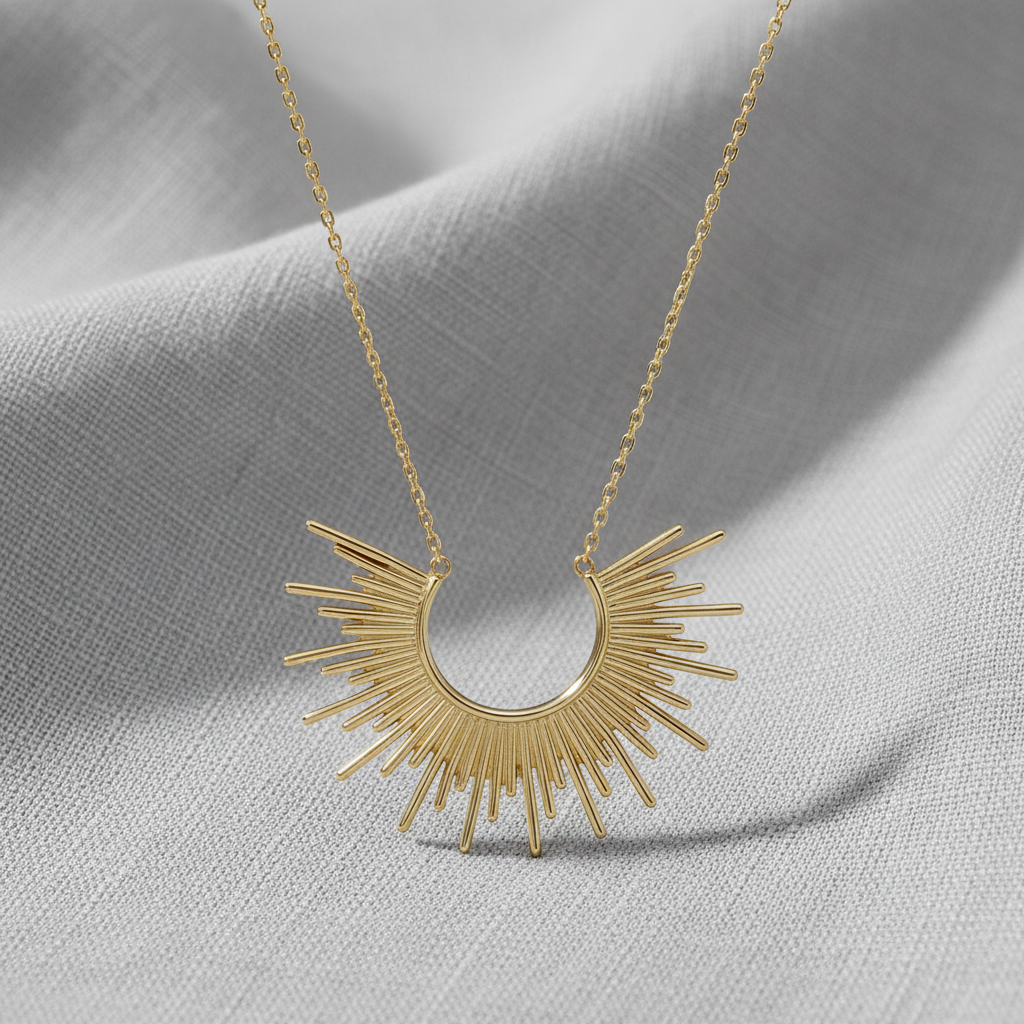 Sunburst Necklace 14K Gold Plated 925 Sterling Silver 1.75x1.25 Inch 16+2 Inch