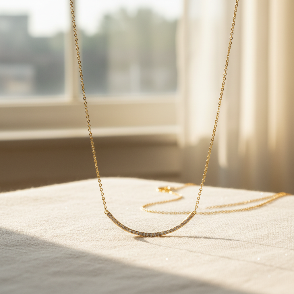 14 Karat Gold Plated Sterling Silver Curved CZ Bar Necklace, 18 Inch with 2 Inch Extension, Lobster Clasp