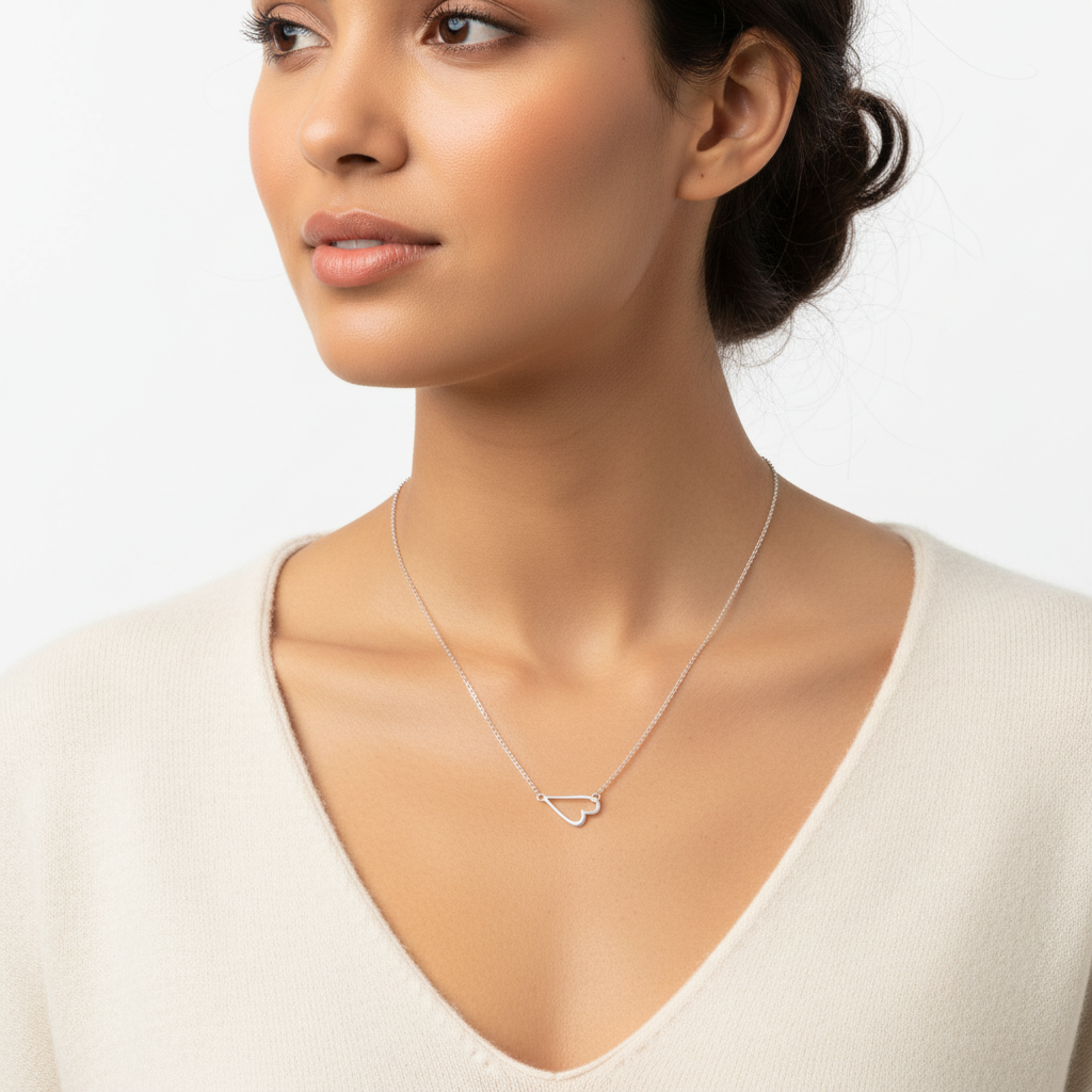 Sideways Heart Necklace Rhodium Plated 925 Sterling Silver 12x18mm 16+2 Inch