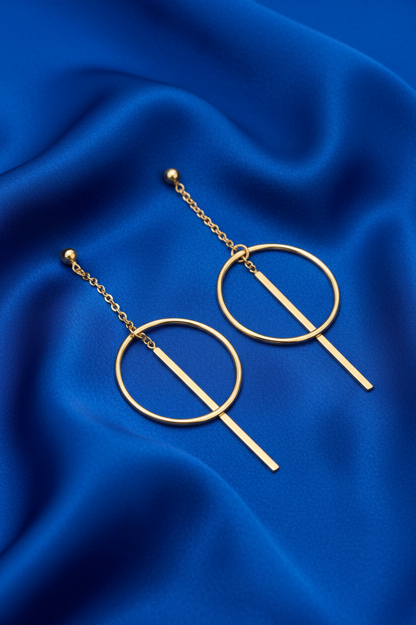 Chain Drop Bar Through Circle Earrings 14K Gold Plated 925 Sterling Silver 53.5mm