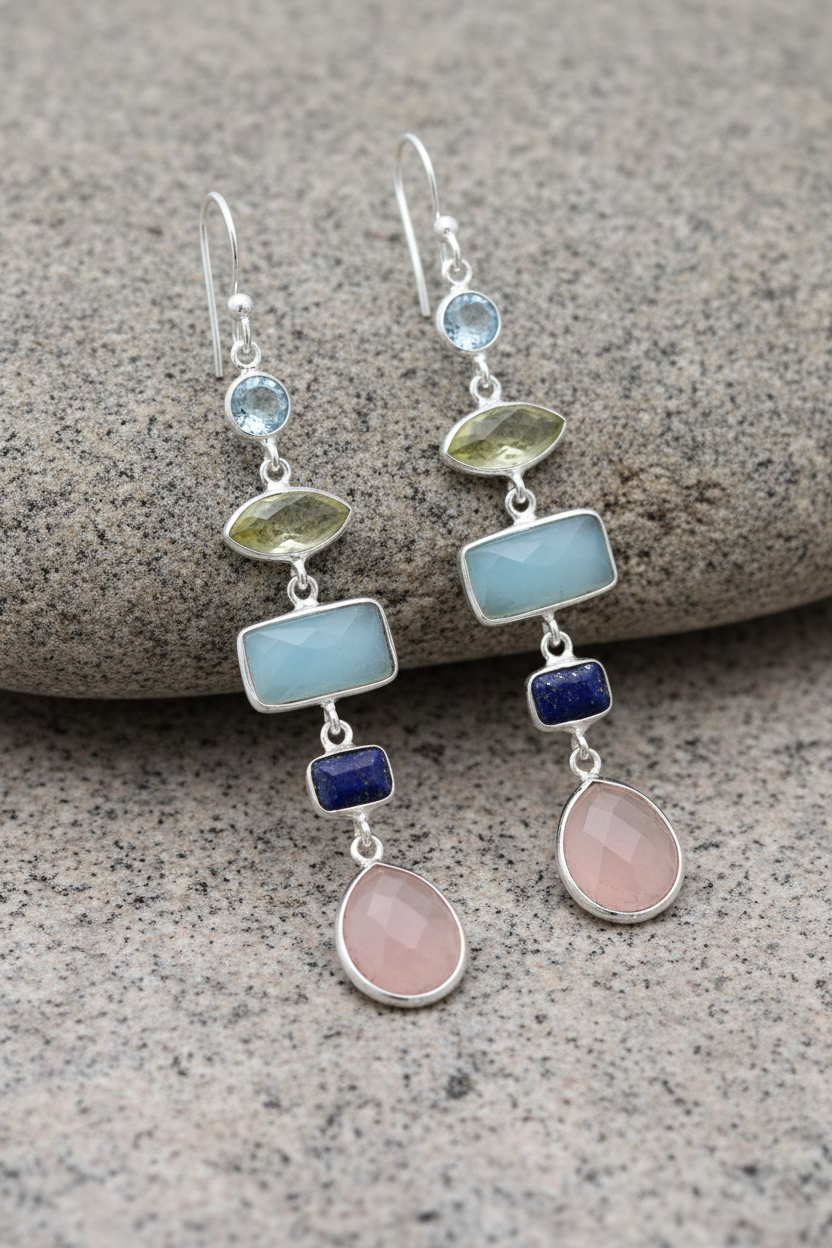 Multi-Stone Cascade Drop Earrings 925 Sterling Silver French Wire 5-Stone 2.5in
