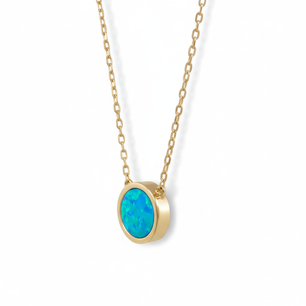 14 Karat Gold Plated Sterling Silver Cable Chain Necklace with Synthetic Blue Opal Circle Pendant, 16 Inch with 2 Inch Extension