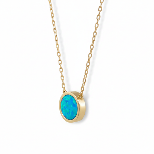 14 Karat Gold Plated Sterling Silver Cable Chain Necklace with Synthetic Blue Opal Circle Pendant, 16 Inch with 2 Inch Extension