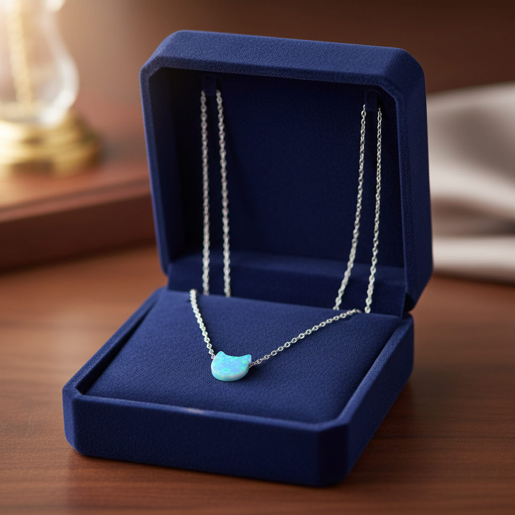Opal Kitty Cat Necklace Rhodium 925 Silver Blue Synthetic 6.5mm 16+2