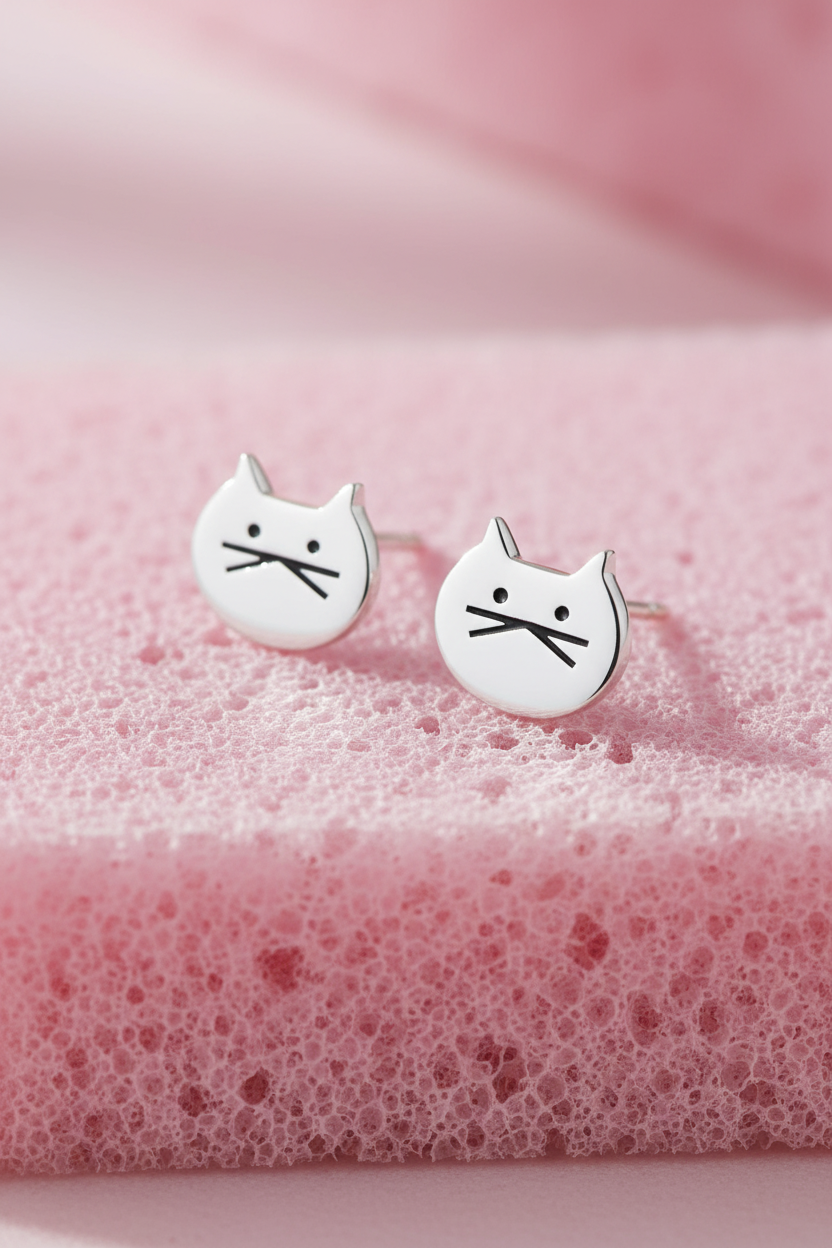 Whisker Charm Stud Earrings - Polished Kitty Face