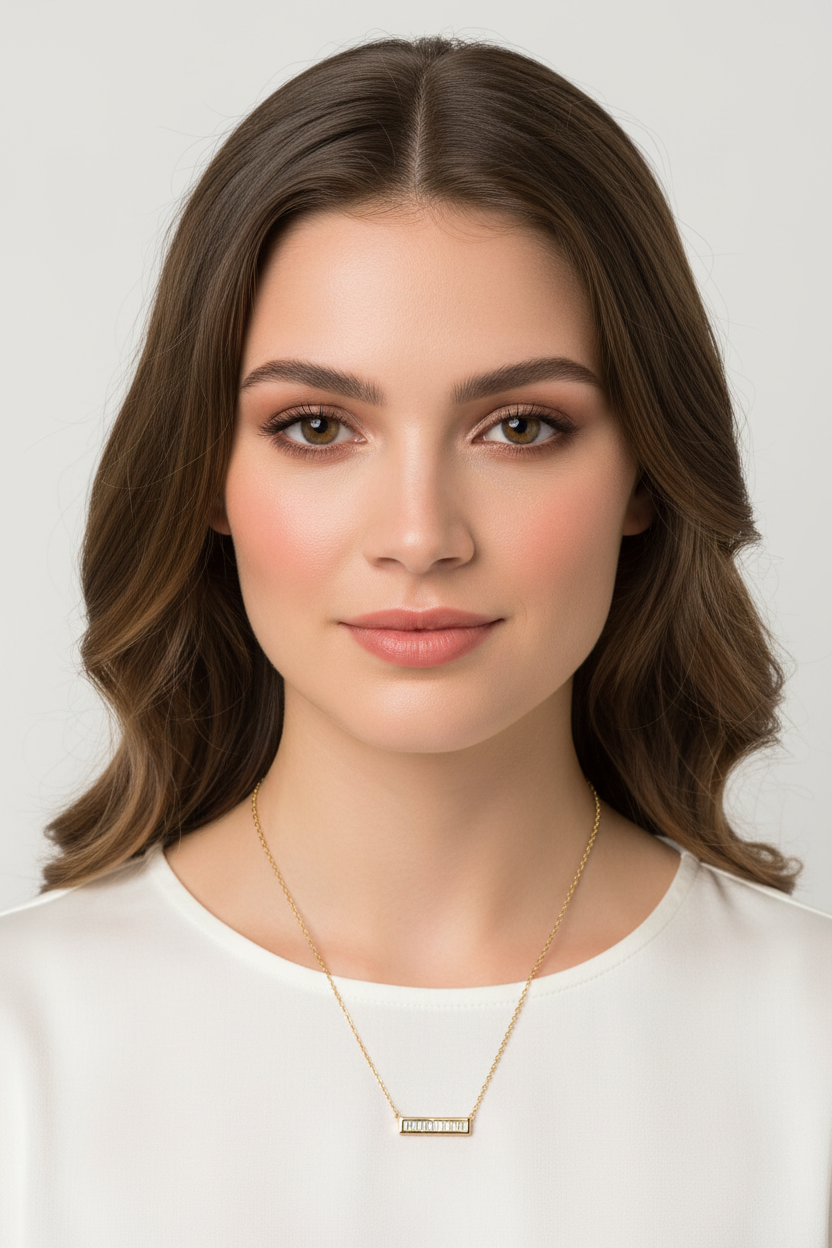 14 Karat Gold Plated Sterling Silver Bar Necklace, 16 Inch Cable Chain with 2 Inch Extension, CZ Pendant, Lobster Clasp