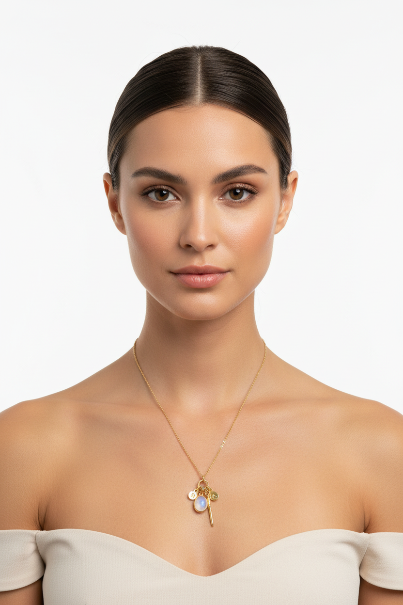 14 Karat Gold Plated Sterling Silver Charm Drop Necklace, Rainbow Moonstone, CZ Accents, Hammered Disks, 26 Inch Chain