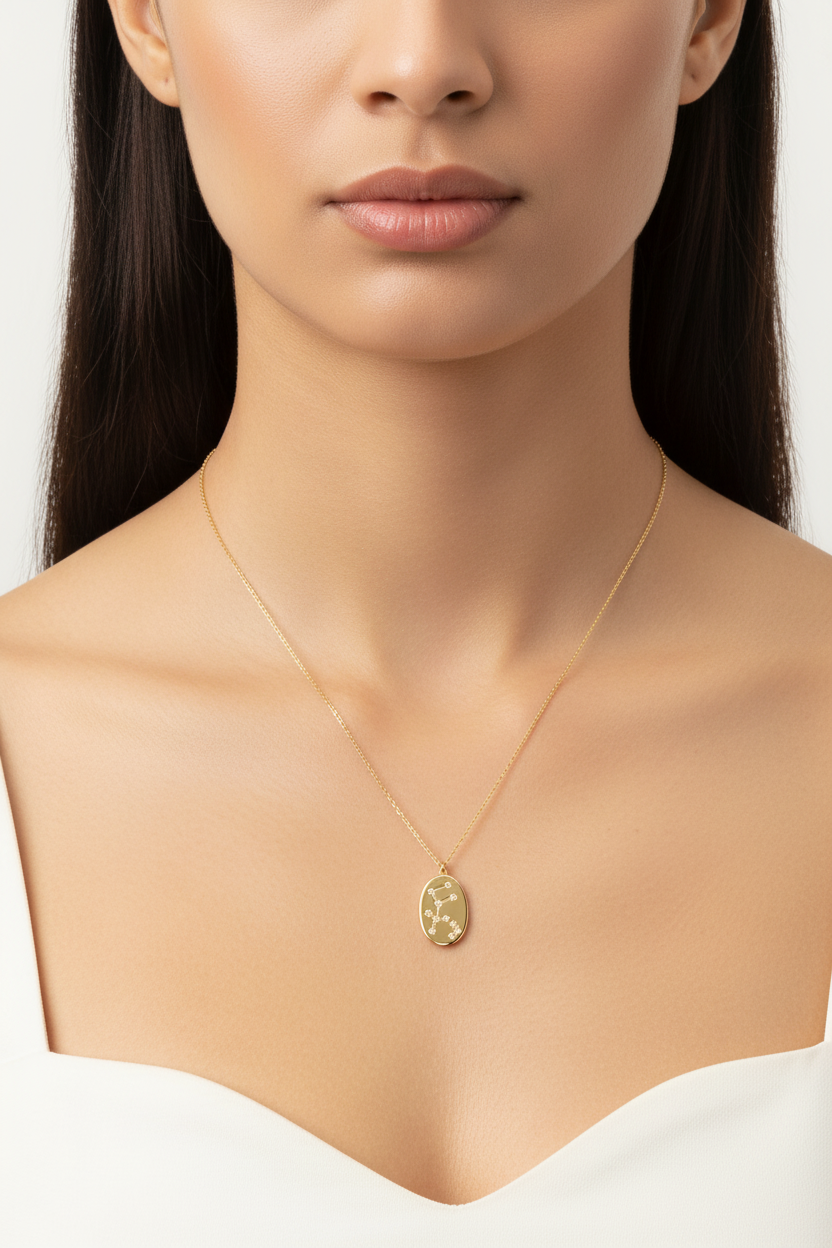 Aquarius Zodiac Constellation Oval Coin Necklace, 16 Inch Chain with 2 Inch Extender, Celestial Astrology Jewelry