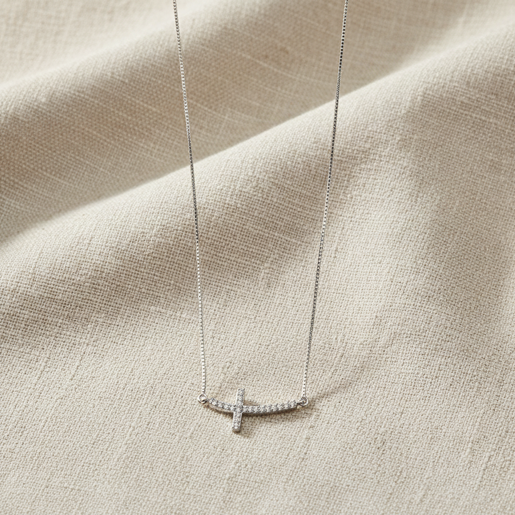 Diamond Sideways Cross Necklace Rhodium Plated 925 Sterling Silver 0.10ctw 18+2"