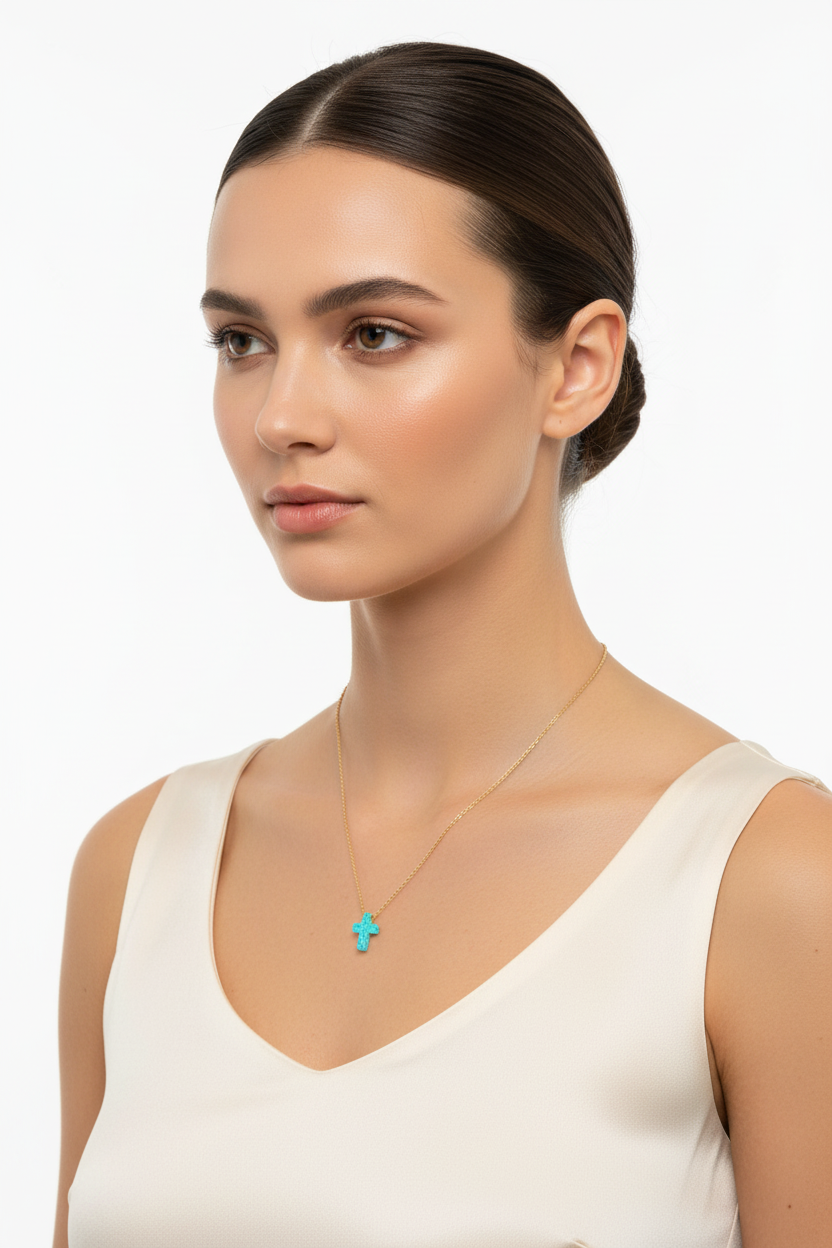 Opal Cross Necklace 14K Gold Plated 925 Silver Blue Synthetic 9mm 16+2