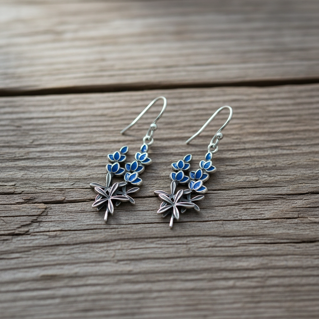 Texas Pride | Sterling Silver Blue Enamel Bluebonnet Dangle Earrings