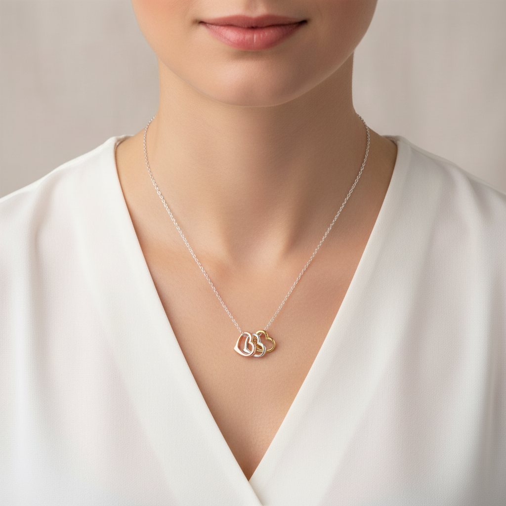 Tri Tone Heart Necklace Yellow Rose Gold Plated 925 Sterling Silver 9mm 15.75+2"