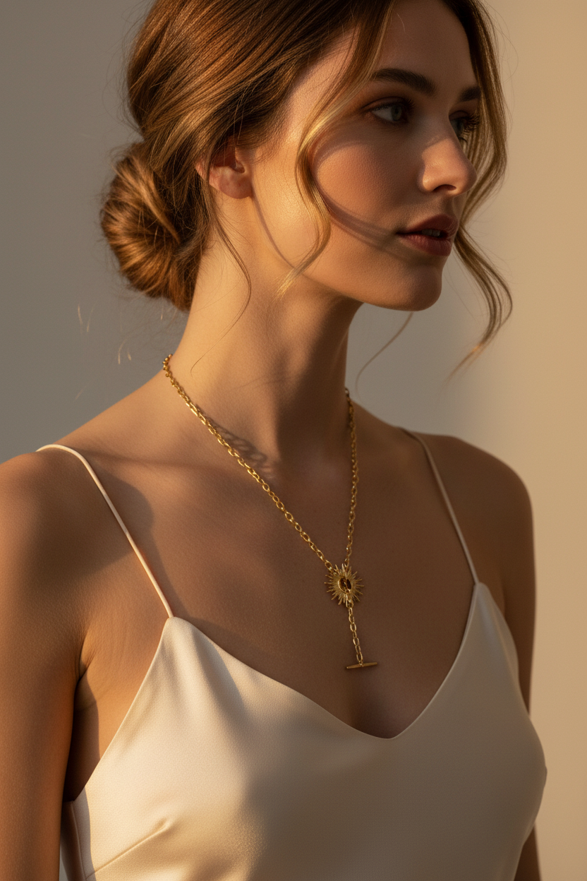 Sunburst Toggle Necklace 14K Gold Plated 925 Silver 20.5mm 16.5 Inch