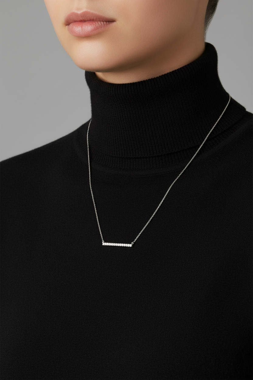 Generic Sterling Silver Rhodium Plated CZ Bar Pendant Necklace, 16 Inch Chain with 2 Inch Extender, Spring Ring Closure