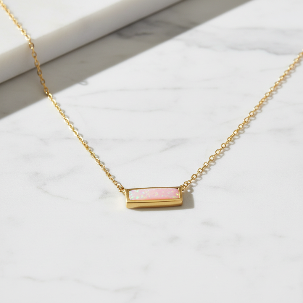 14 Karat Gold Plated Sterling Silver Cable Chain Necklace with Synthetic Pink Opal Bar, 16 Inch with 2 Inch Extension