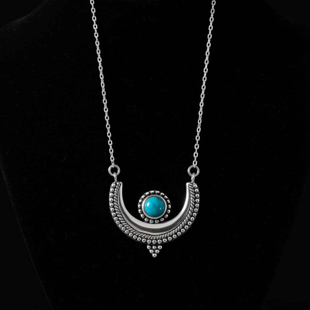 Crescent Moon Necklace - Sterling Silver Oxidized with Turquoise