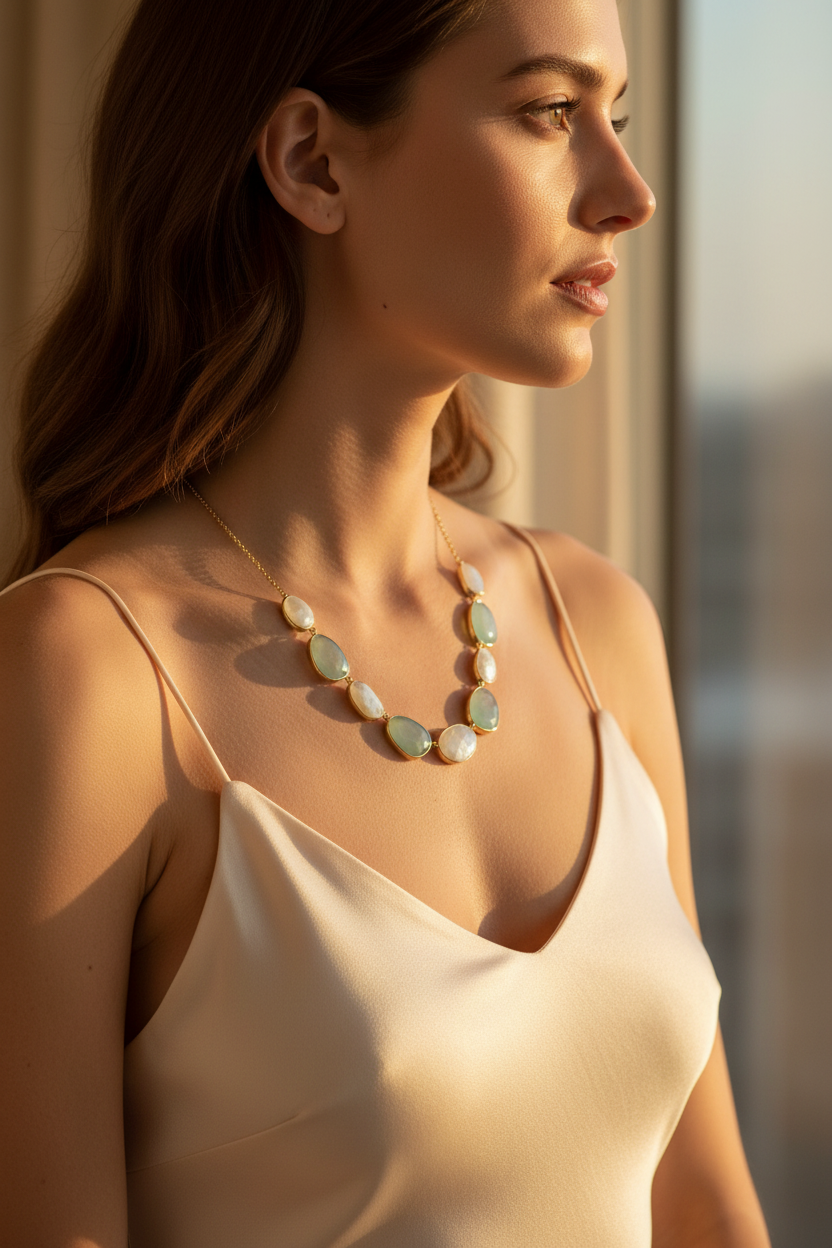 14 Karat Gold Plated Sterling Silver Necklace with Rainbow Moonstone, Green Chalcedony, 16 Inch Chain, Bezel Set Oval Stones