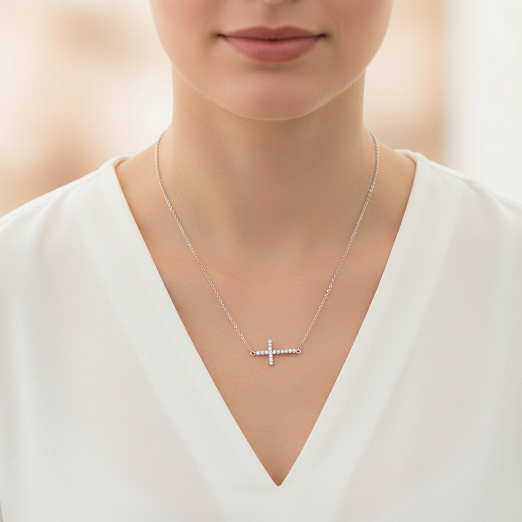 Sterling Silver Sideways Cross Necklace, Rhodium Plated, CZ, 16 Inch Chain with 2 Inch Extension