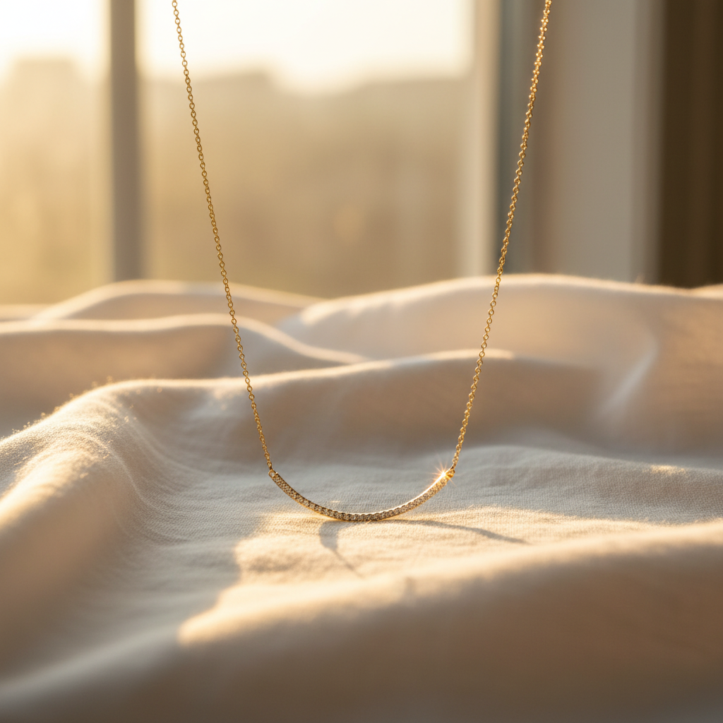 14 Karat Gold Plated Sterling Silver Curved CZ Bar Necklace, 18 Inch with 2 Inch Extension, Lobster Clasp