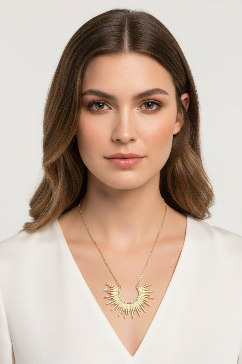 Sunburst Necklace 14K Gold Plated 925 Sterling Silver 1.75x1.25 Inch 16+2 Inch