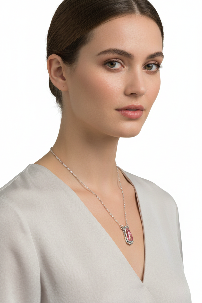 Pink Spiny Oyster Necklace Oxidized 925 Silver 14mm Rope Bead 18+2