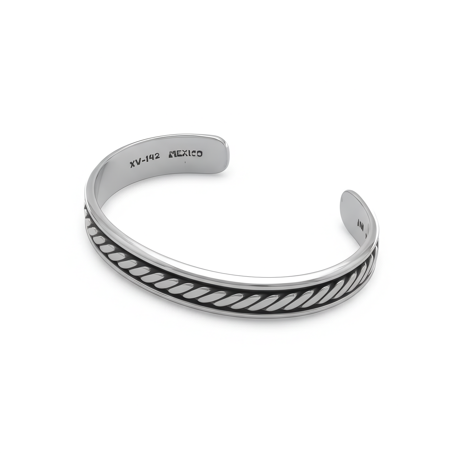 Sterling Silver Oxidized Rope Design Cuff Bracelet, Men's, Handmade in Mexico, 62mm x 47mm Wide, .925 Silver