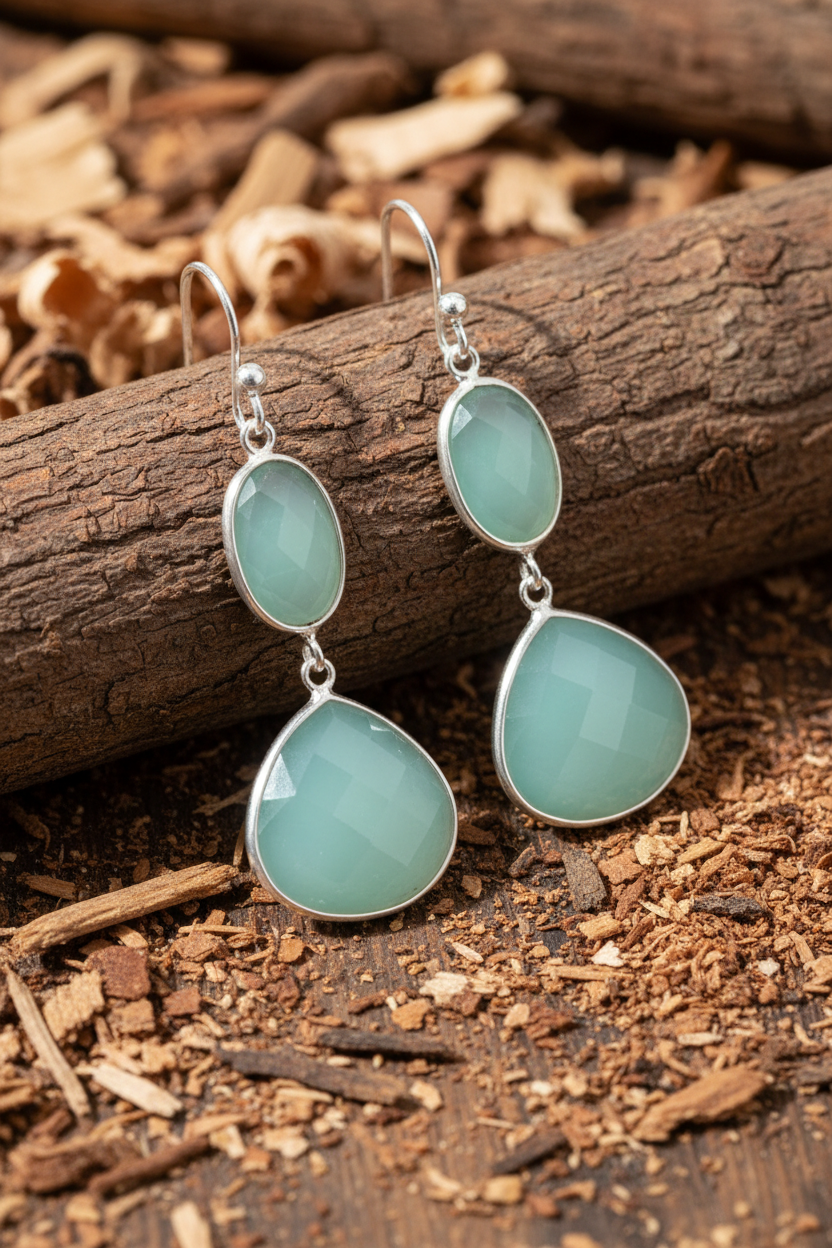 Dual-Stone Sea Green Chalcedony Drop Earrings 925 Sterling Silver French Wire 50mm