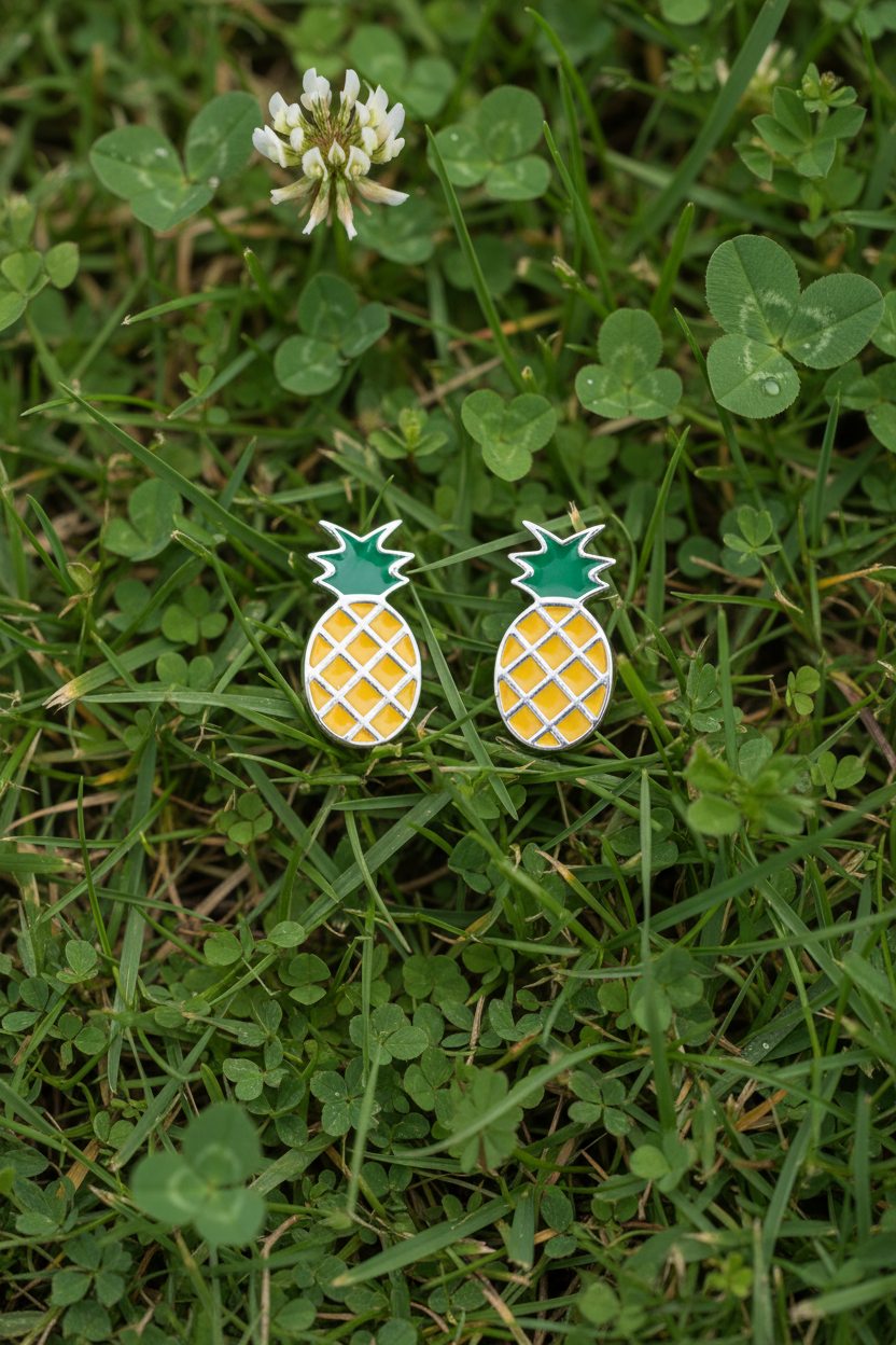Yellow Green Enamel Pineapple Stud Earrings 925 Sterling Silver 12mm
