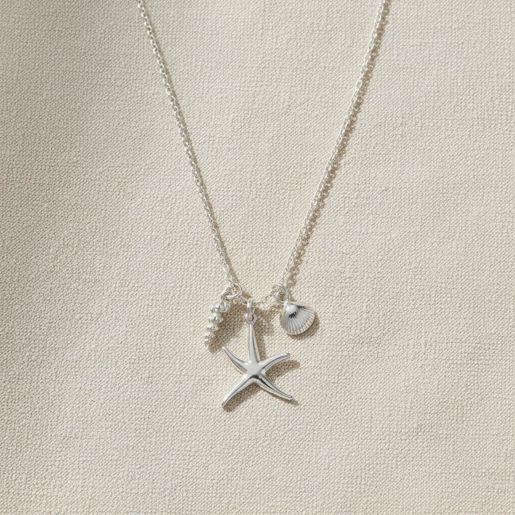 Starfish Shell Charm Necklace Rhodium 925 Silver 3D Made in Italy 16in