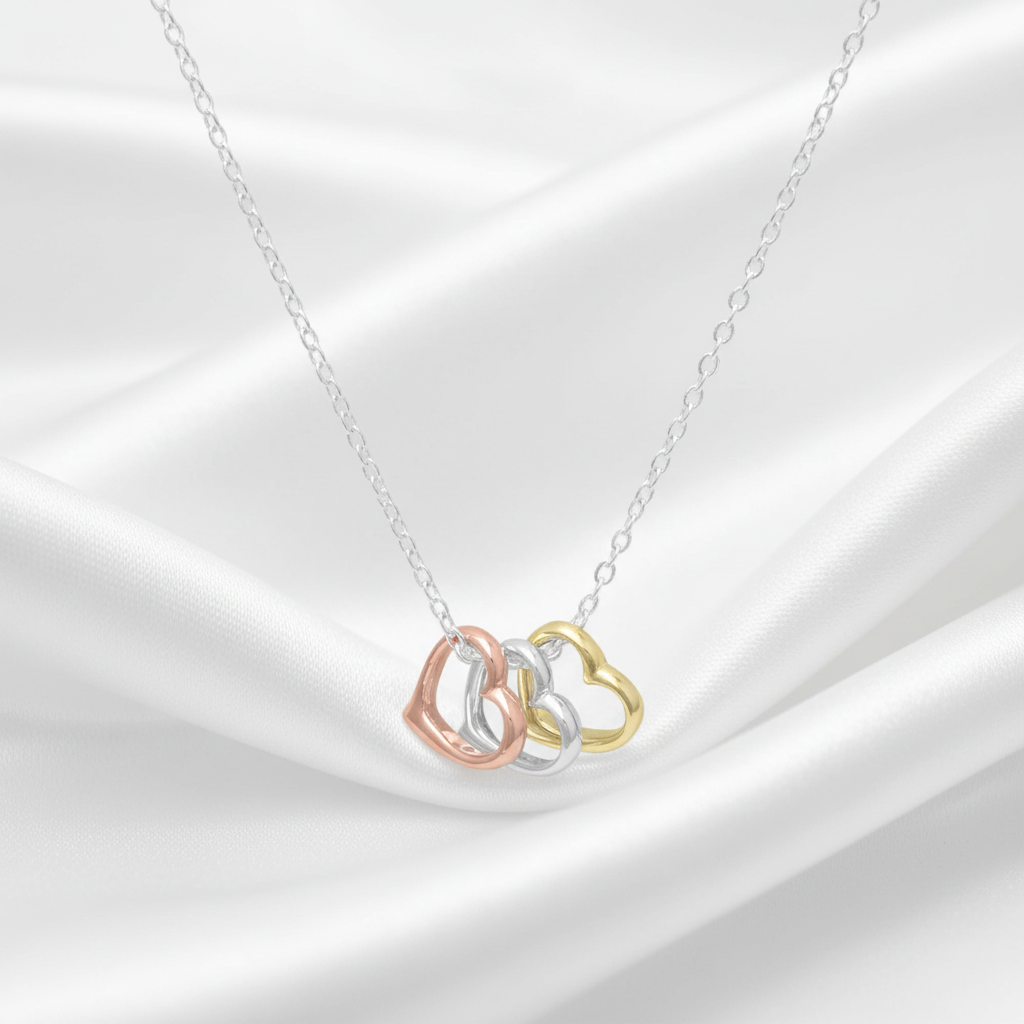 Tri Tone Heart Necklace Yellow Rose Gold Plated 925 Sterling Silver 9mm 15.75+2"