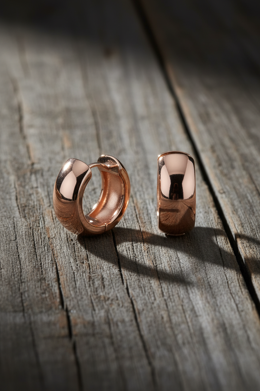 Wide Huggie Hoop Earrings 14K Rose Gold Plated 925 Sterling Silver 15mm 6mm Wide